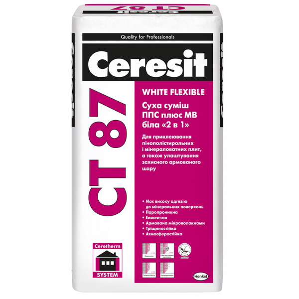CT 87/25 кг White Flexible плюс Клеящая смесь белая для ППС и МВ «2 в 1» CT 87/25 кг White Flexible плюс Клеящая смесь белая для ППС и МВ «2 в 1»